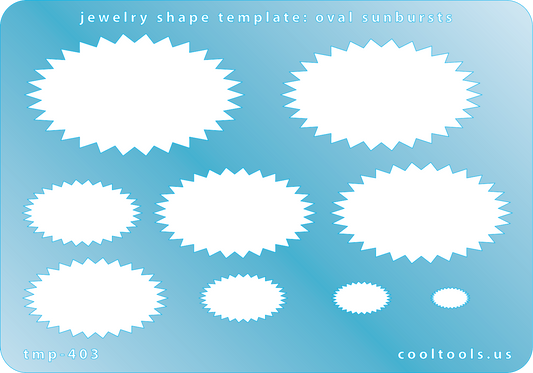Blue plastic Jewelry Shape Template - Oval Sunbursts Our special surface makes it easy to find these templates on your workbench, but allows clarity for positioning. Includes 9 oval sunburst shapes. Sizes are from 9mm to 52mm.