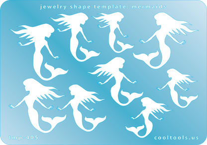 Blue plastic Jewelry Shape Template - Mermaids Our special surface makes it easy to find these templates on your workbench, but allows clarity for positioning. Includes 9 mermaid shapes, 3 styles. Sizes are from 25mm to 35mm. 
