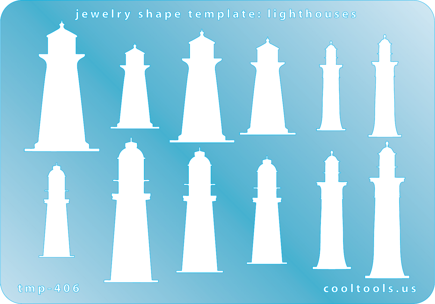 Blue plastic Jewelry Shape Template - Lighthouses Our special surface makes it easy to find these templates on your workbench, but allows clarity for positioning. Includes 12 lighthouse shapes, 3 styles. Sizes are from 24.5mm to 42mm.