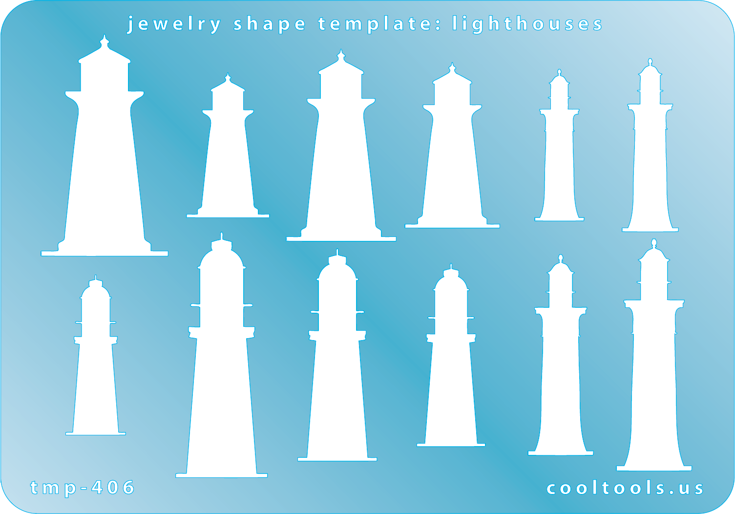 Blue plastic Jewelry Shape Template - Lighthouses Our special surface makes it easy to find these templates on your workbench, but allows clarity for positioning. Includes 12 lighthouse shapes, 3 styles. Sizes are from 24.5mm to 42mm.