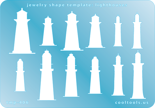 Blue plastic Jewelry Shape Template - Lighthouses Our special surface makes it easy to find these templates on your workbench, but allows clarity for positioning. Includes 12 lighthouse shapes, 3 styles. Sizes are from 24.5mm to 42mm.