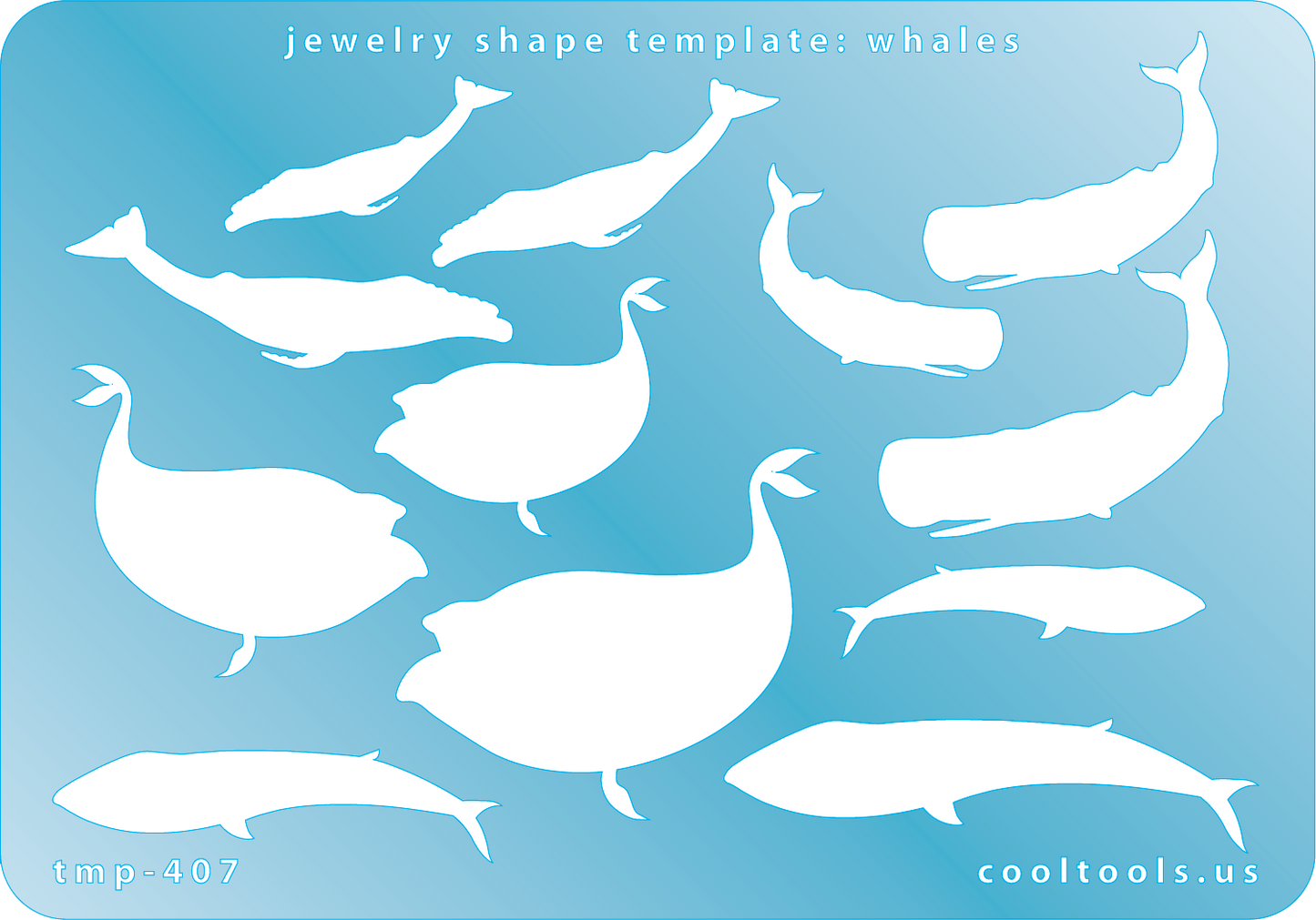 Blue plastic Jewelry Shape Template - Whales Our special surface makes it easy to find these templates on your workbench, but allows clarity for positioning. Includes 12 whale shapes, 4 styles. Sizes are from 28.5mm to 51.5mm.