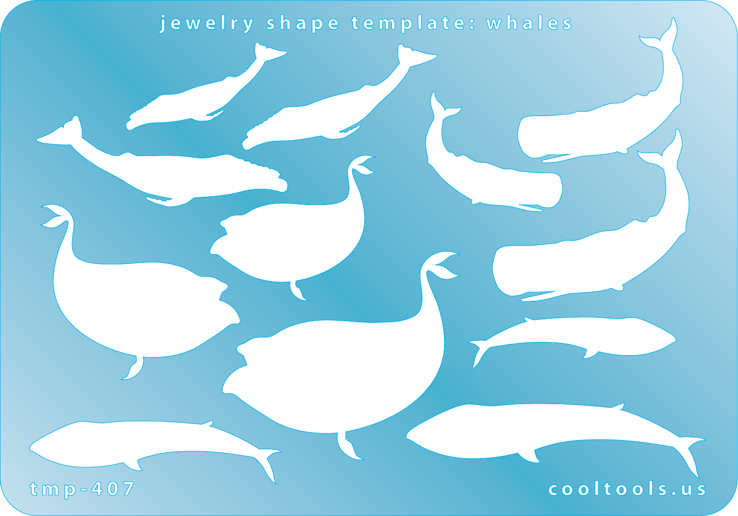 Blue plastic Jewelry Shape Template - Whales Our special surface makes it easy to find these templates on your workbench, but allows clarity for positioning. Includes 12 whale shapes, 4 styles. Sizes are from 28.5mm to 51.5mm.