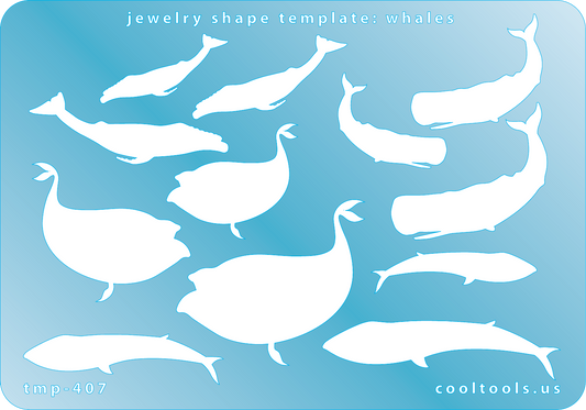 Blue plastic Jewelry Shape Template - Whales Our special surface makes it easy to find these templates on your workbench, but allows clarity for positioning. Includes 12 whale shapes, 4 styles. Sizes are from 28.5mm to 51.5mm.