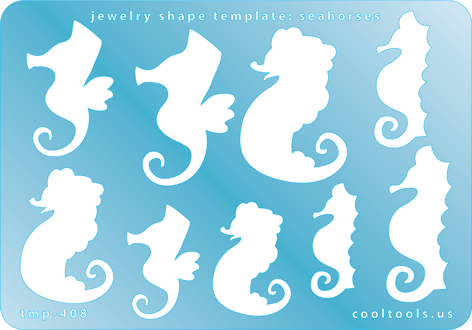 Blue plastic Jewelry Shape Template - Seahorses Our special surface makes it easy to find these templates on your workbench, but allows clarity for positioning. Includes 9 seahorse shapes, 3 styles. Sizes are from 30.5mm to 42mm.