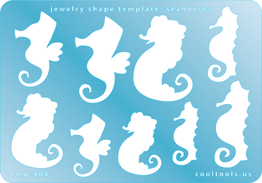 Blue plastic Jewelry Shape Template - Seahorses Our special surface makes it easy to find these templates on your workbench, but allows clarity for positioning. Includes 9 seahorse shapes, 3 styles. Sizes are from 30.5mm to 42mm.