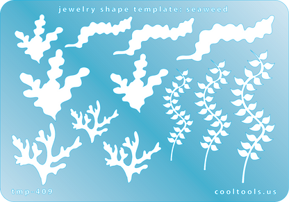 Blue plastic Jewelry Shape Template - Seaweed Our special surface makes it easy to find these templates on your workbench, but allows clarity for positioning. Includes 12 seaweed shapes; 3 seaweed styles and 1 coral style. Sizes are from 19mm to 59.5mm.