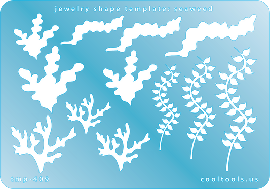 Blue plastic Jewelry Shape Template - Seaweed Our special surface makes it easy to find these templates on your workbench, but allows clarity for positioning. Includes 12 seaweed shapes; 3 seaweed styles and 1 coral style. Sizes are from 19mm to 59.5mm.