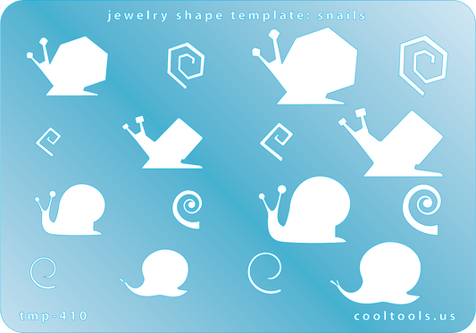 Blue plastic Jewelry Shape Template - Snails Our special surface makes it easy to find these templates on your workbench, but allows clarity for positioning. Includes 8 snail shapes, 4 styles. Sizes are from 17.5mm to 28mm.