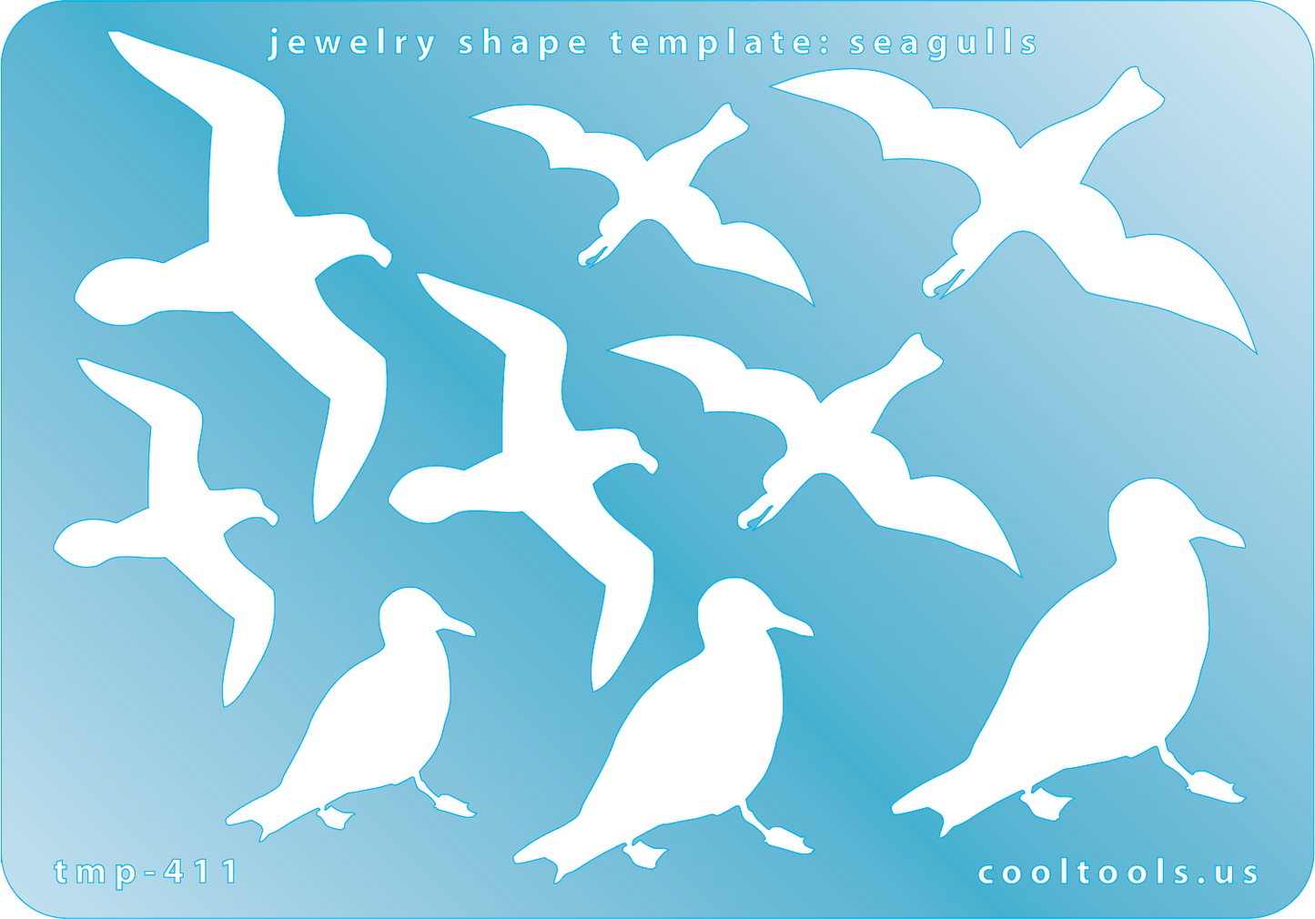 Blue plastic Jewelry Shape Template - Seagulls Our special surface makes it easy to find these templates on your workbench, but allows clarity for positioning. Includes 9 seagull shapes, 3 styles. Sizes are from 30.5mm to 53mm.