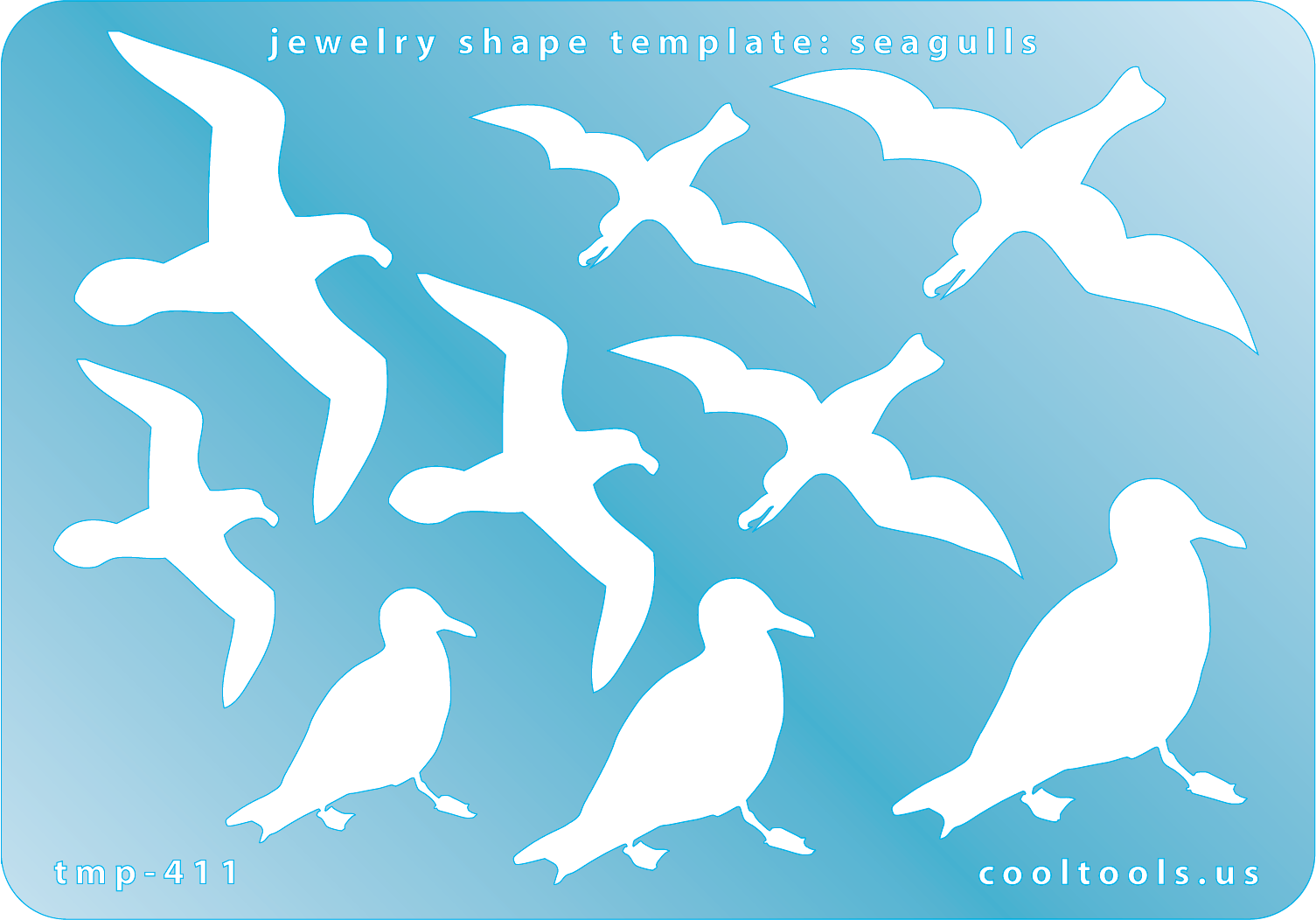 Blue plastic Jewelry Shape Template - Seagulls Our special surface makes it easy to find these templates on your workbench, but allows clarity for positioning. Includes 9 seagull shapes, 3 styles. Sizes are from 30.5mm to 53mm.