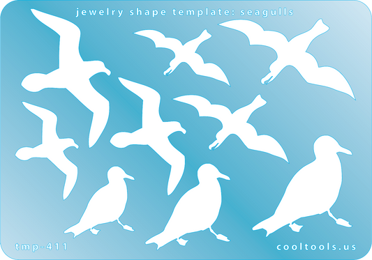 Blue plastic Jewelry Shape Template - Seagulls Our special surface makes it easy to find these templates on your workbench, but allows clarity for positioning. Includes 9 seagull shapes, 3 styles. Sizes are from 30.5mm to 53mm.