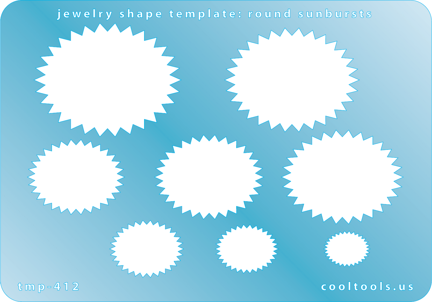 Blue plastic Jewelry Shape Template - Round Sunbursts Our special surface makes it easy to find these templates on your workbench, but allows clarity for positioning.  Includes 8 round sunburst shapes. Sizes are from 12mm to 42mm.