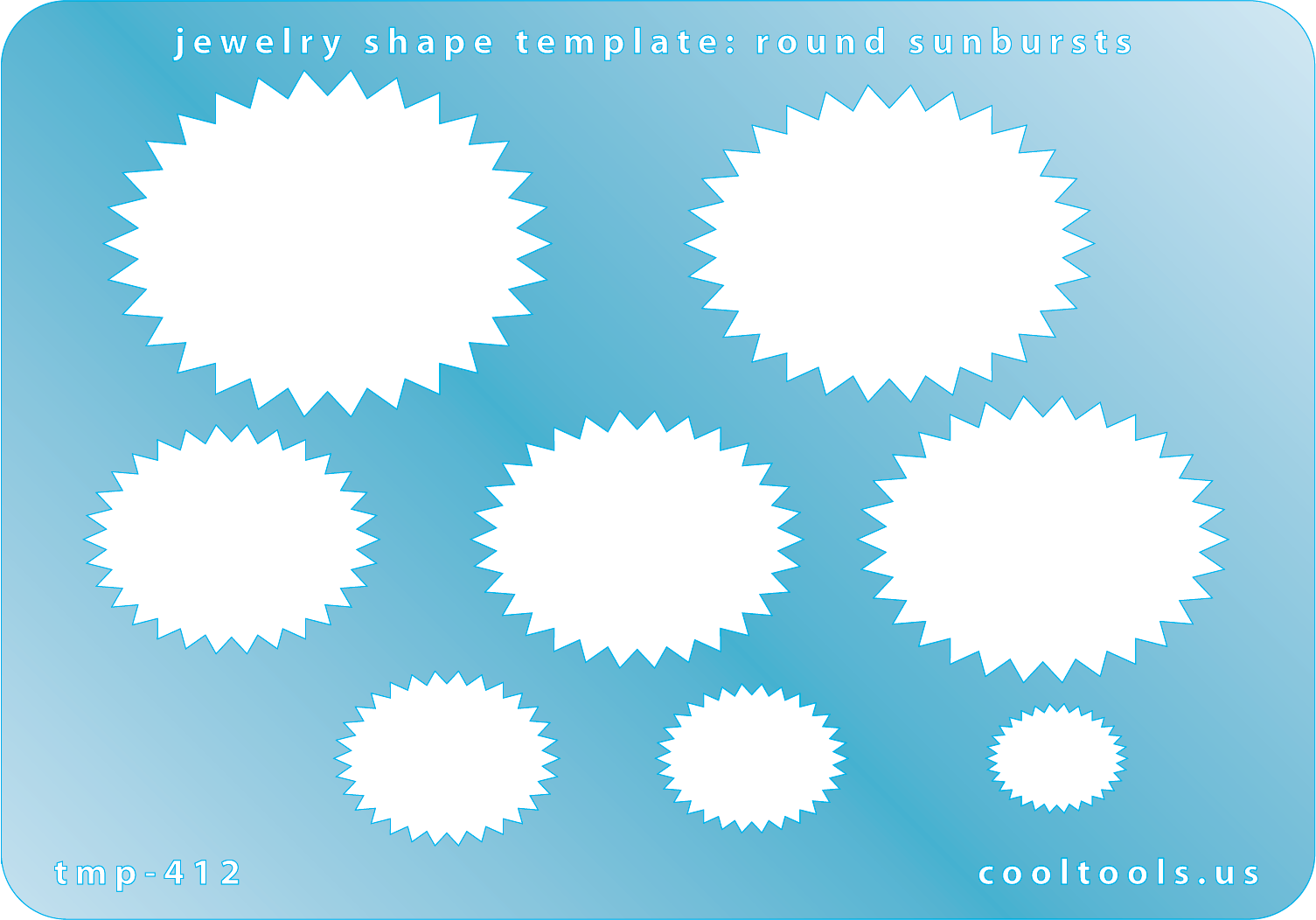 Blue plastic Jewelry Shape Template - Round Sunbursts Our special surface makes it easy to find these templates on your workbench, but allows clarity for positioning.  Includes 8 round sunburst shapes. Sizes are from 12mm to 42mm.