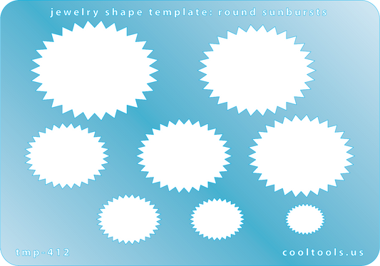 Blue plastic Jewelry Shape Template - Round Sunbursts Our special surface makes it easy to find these templates on your workbench, but allows clarity for positioning.  Includes 8 round sunburst shapes. Sizes are from 12mm to 42mm.