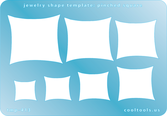 Blue plastic Jewelry Shape Template - Pinched Square Our special surface makes it easy to find these templates on your workbench, but allows clarity for positioning. Includes 7 pinched square shapes. Sizes are from 17.5mm to 40mm.