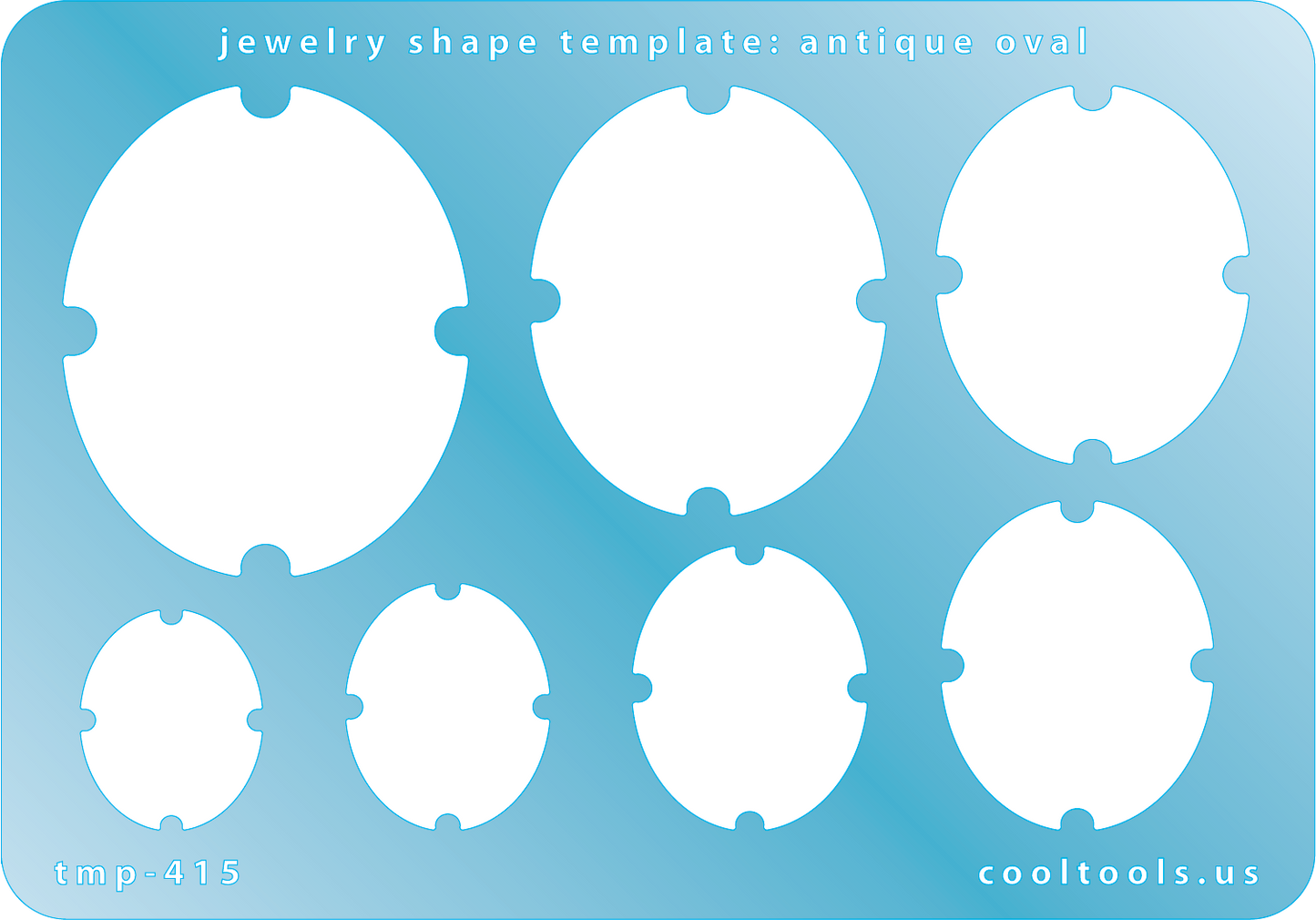 Blue plastic Jewelry Shape Template - Antique Oval Our special surface makes it easy to find these templates on your workbench, but allows clarity for positioning. Includes 7 antique oval shapes. Sizes are from 21mm to 47.5mm.