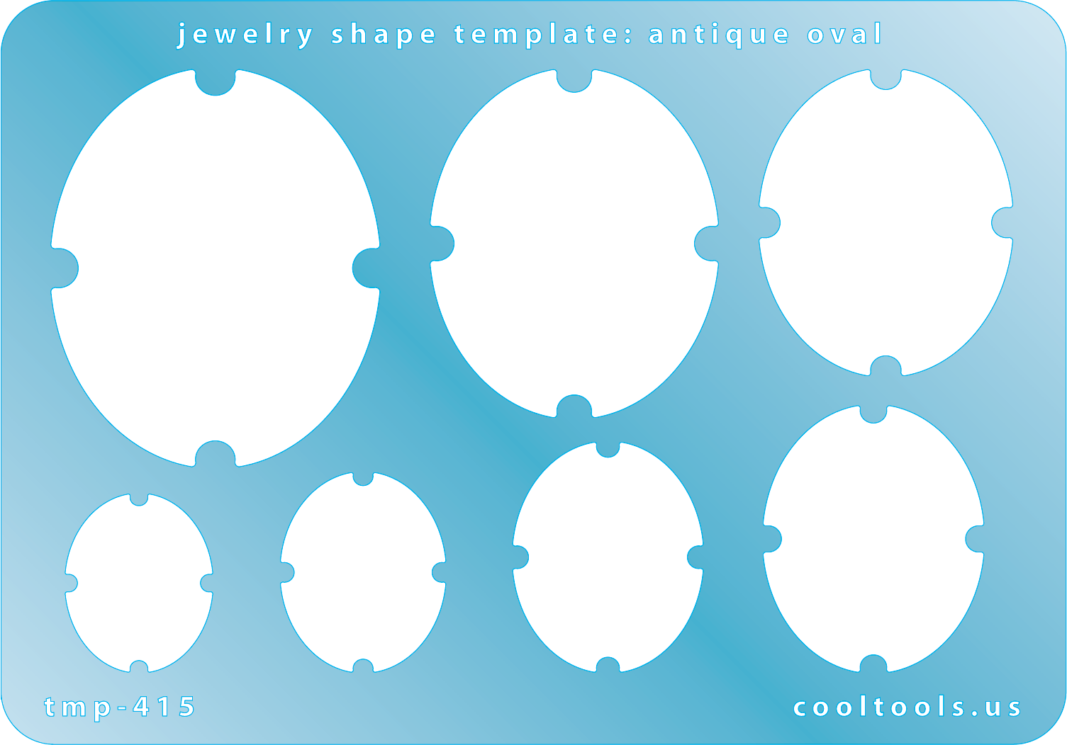 Blue plastic Jewelry Shape Template - Antique Oval Our special surface makes it easy to find these templates on your workbench, but allows clarity for positioning. Includes 7 antique oval shapes. Sizes are from 21mm to 47.5mm.