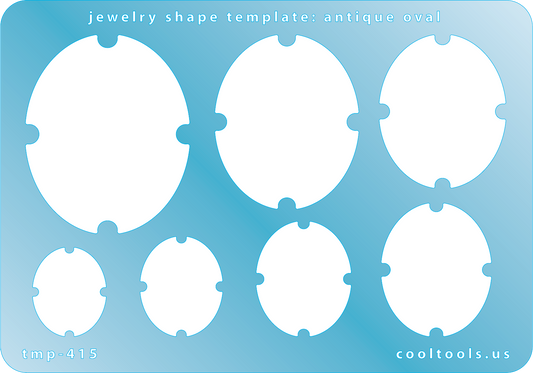 Blue plastic Jewelry Shape Template - Antique Oval Our special surface makes it easy to find these templates on your workbench, but allows clarity for positioning. Includes 7 antique oval shapes. Sizes are from 21mm to 47.5mm.