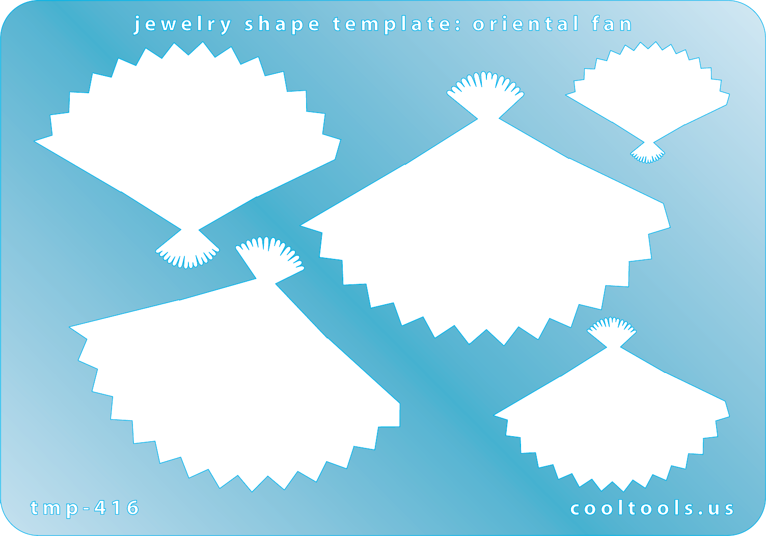 Blue plastic Jewelry Shape Template - Oriental Fan Our special surface makes it easy to find these templates on your workbench, but allows clarity for positioning. Includes 5 oriental fan shapes. Sizes are from 26.5mm to 60.5mm.