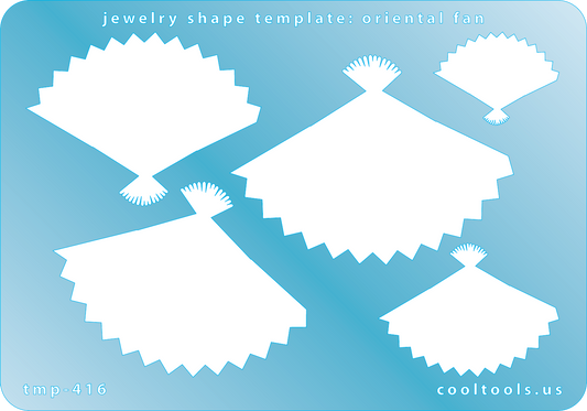 Blue plastic Jewelry Shape Template - Oriental Fan Our special surface makes it easy to find these templates on your workbench, but allows clarity for positioning. Includes 5 oriental fan shapes. Sizes are from 26.5mm to 60.5mm.