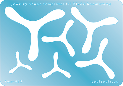 Blue plastic Jewelry Shape Template - Tri-Blade Boomerang Our special surface makes it easy to find these templates on your workbench, but allows clarity for positioning. Includes 6 tri-blade boomerang shapes. Sizes are from 24mm to 62mm.
