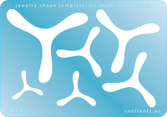 Blue plastic Jewelry Shape Template - Tri-Blade Boomerang Our special surface makes it easy to find these templates on your workbench, but allows clarity for positioning. Includes 6 tri-blade boomerang shapes. Sizes are from 24mm to 62mm.