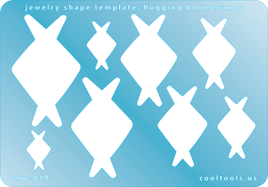 Blue plastic Jewelry Shape Template - Hugging Boomerangs Our special surface makes it easy to find these templates on your workbench, but allows clarity for positioning. Includes 8 hugging boomerang shapes. Sizes are from 19mm to 53.5mm.