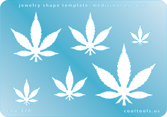 Blue plastic Jewelry Shape Template - Medicinal Use Only Our special surface makes it easy to find these templates on your workbench, but allows clarity for positioning. Includes 6 cannabis shapes. Sizes are from 16.5mm to 48.5mm.