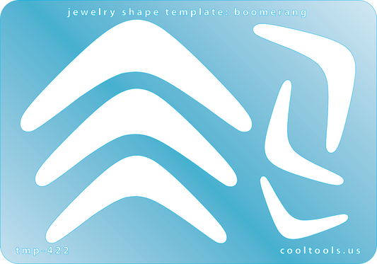 Blue plastic Jewelry Shape Template - Boomerang Our special surface makes it easy to find these templates on your workbench, but allows clarity for positioning. Includes 6 boomerang shapes. Sizes are from 32mm to 78mm.