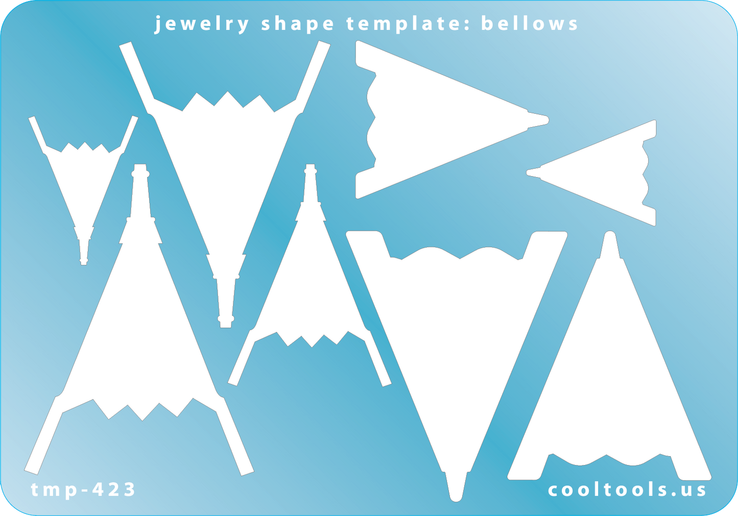 Blue plastic Jewelry Shape Template - Bellows Our special surface makes it easy to find these templates on your workbench, but allows clarity for positioning. Includes 8 bellow shapes, 2 styles. Sizes are from 27mm to 56.5mm.