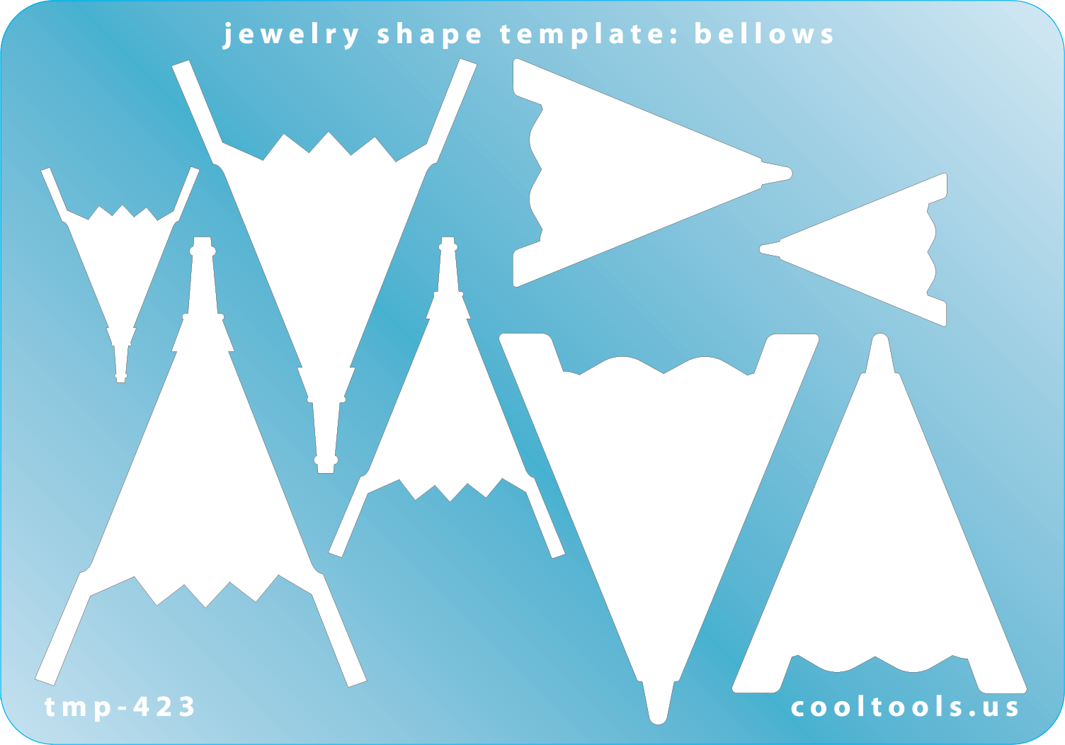 Blue plastic Jewelry Shape Template - Bellows Our special surface makes it easy to find these templates on your workbench, but allows clarity for positioning. Includes 8 bellow shapes, 2 styles. Sizes are from 27mm to 56.5mm.
