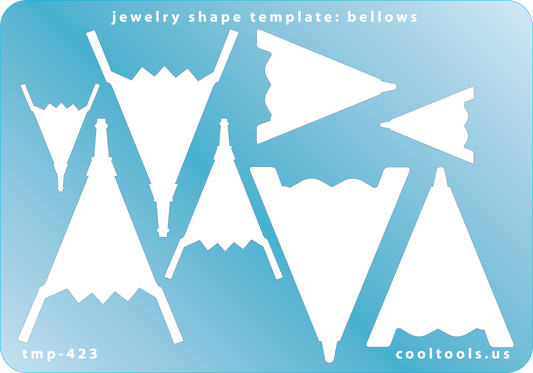 Blue plastic Jewelry Shape Template - Bellows Our special surface makes it easy to find these templates on your workbench, but allows clarity for positioning. Includes 8 bellow shapes, 2 styles. Sizes are from 27mm to 56.5mm.