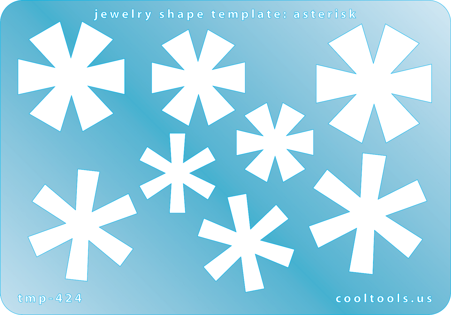Blue plastic Jewelry Shape Template - Asterisk Our special surface makes it easy to find these templates on your workbench, but allows clarity for positioning. Includes 8 asterisk shapes, 2 styles. Sizes are from 21.5mm to 33.5mm.