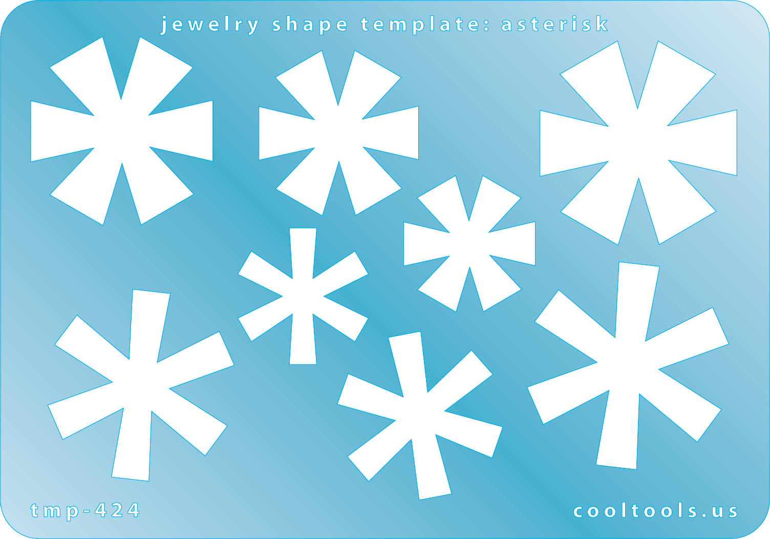 Blue plastic Jewelry Shape Template - Asterisk Our special surface makes it easy to find these templates on your workbench, but allows clarity for positioning. Includes 8 asterisk shapes, 2 styles. Sizes are from 21.5mm to 33.5mm.