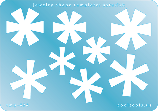 Blue plastic Jewelry Shape Template - Asterisk Our special surface makes it easy to find these templates on your workbench, but allows clarity for positioning. Includes 8 asterisk shapes, 2 styles. Sizes are from 21.5mm to 33.5mm.