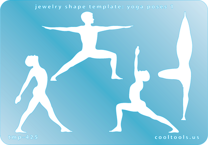 Blue plastic Jewelry Shape Template - Yoga Poses 1 Our special surface makes it easy to find these templates on your workbench, but allows clarity for positioning. Includes 4 different yoga pose shapes. Sizes are from 47mm to 66.5mm.