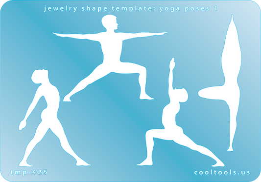 Blue plastic Jewelry Shape Template - Yoga Poses 1 Our special surface makes it easy to find these templates on your workbench, but allows clarity for positioning. Includes 4 different yoga pose shapes. Sizes are from 47mm to 66.5mm.