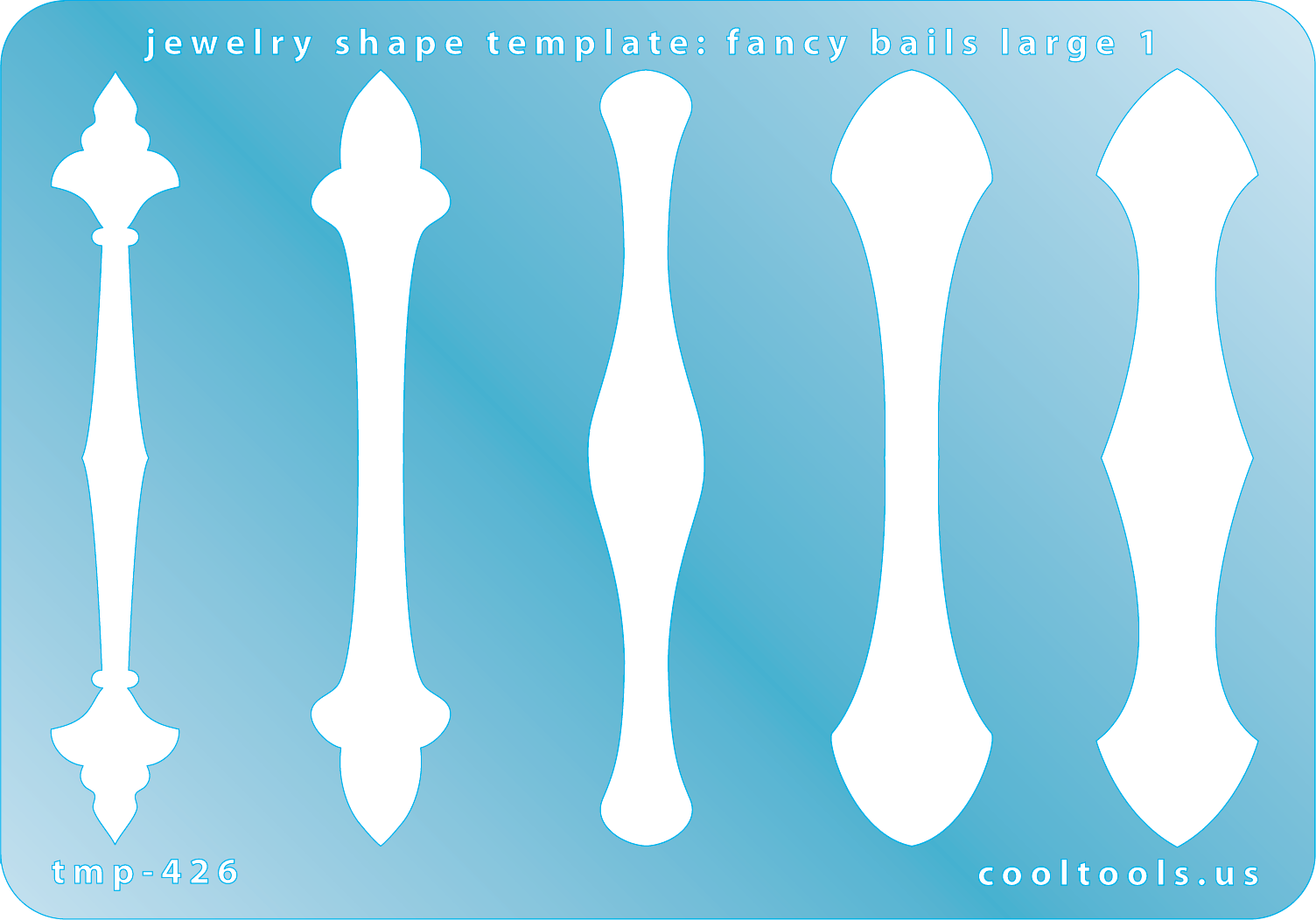 Blue plastic Jewelry Shape Template - Fancy Bails Large 1 Our special surface makes it easy to find these templates on your workbench, but allows clarity for positioning. Includes 5 different fancy bail shapes. Sizes are from 74.5mm to 75.5mm.