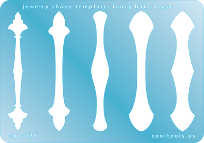 Blue plastic Jewelry Shape Template - Fancy Bails Large 1 Our special surface makes it easy to find these templates on your workbench, but allows clarity for positioning. Includes 5 different fancy bail shapes. Sizes are from 74.5mm to 75.5mm.