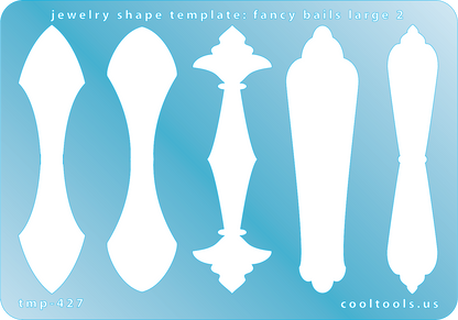 Blue plastic Jewelry Shape Template - Fancy Bails Large 2 Our special surface makes it easy to find these templates on your workbench, but allows clarity for positioning. Includes 5 different fancy bail shapes. Sizes are from 74mm to 74.5mm.