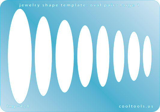 Blue plastic Jewelry Shape Template - Oval Pairs Large 1 Our special surface makes it easy to find these templates on your workbench, but allows clarity for positioning.  Includes 8 oval shapes, 2 styles. Sizes are from 32mm to 75.5mm.