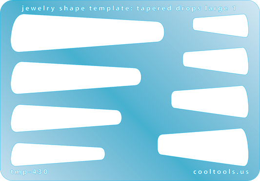 Blue plastic Jewelry Shape Template - Tapered Drops Large 1 Our special surface makes it easy to find these templates on your workbench, but allows clarity for positioning. Includes 8 drop shapes, 2 styles. Sizes are from 27mm to 75mm. 
