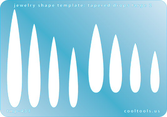 Blue plastic Jewelry Shape Template - Tapered Drops Large 2 Our special surface makes it easy to find these templates on your workbench, but allows clarity for positioning. Includes 8 drop shapes, 2 styles. Sizes are from 32mm to 74.5mm.