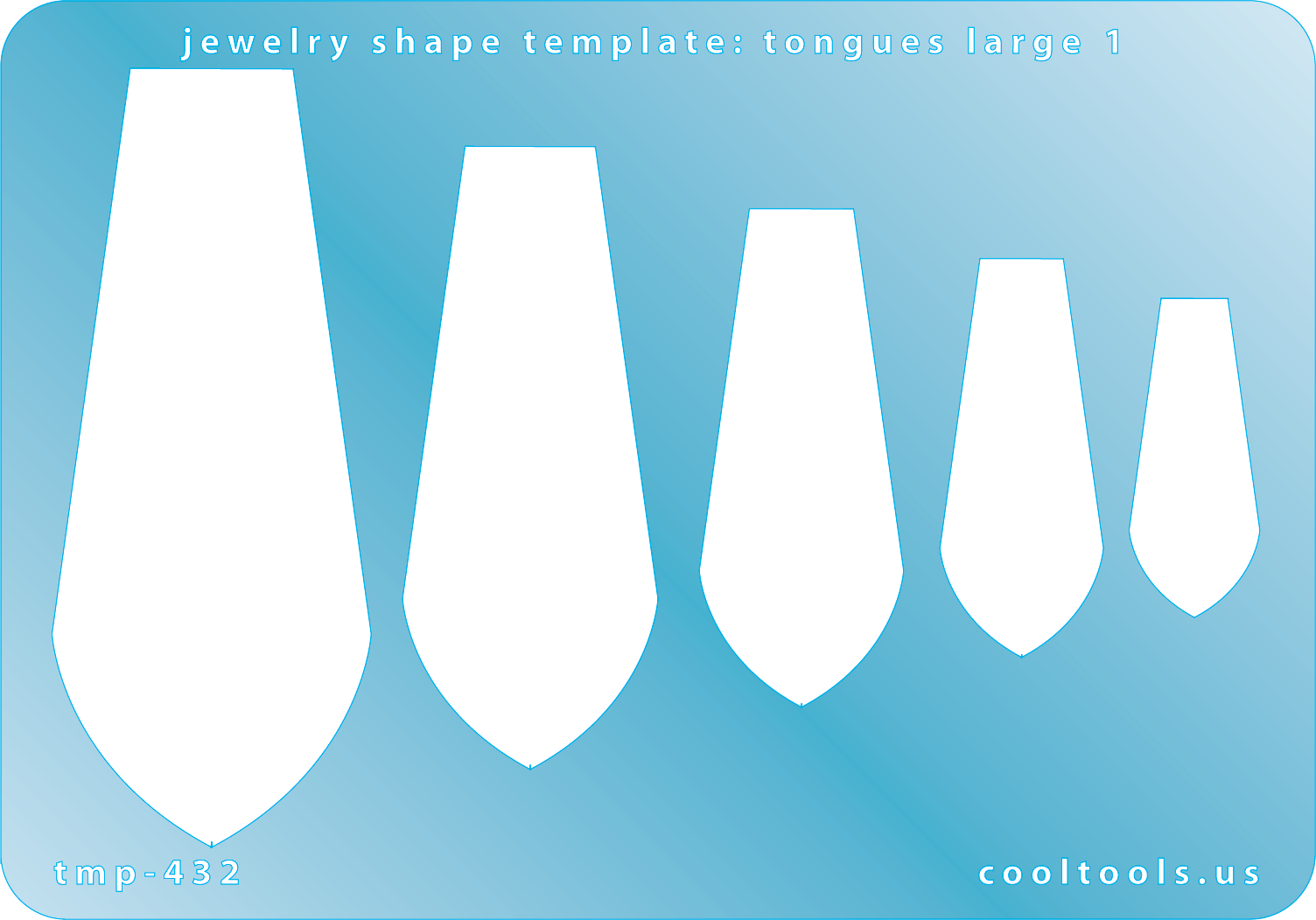 Blue plastic Jewelry Shape Template - Tongues Large 1 Our special surface makes it easy to find these templates on your workbench, but allows clarity for positioning. Includes 5 tongue shapes. Sizes are from 31mm to 74.5mm.