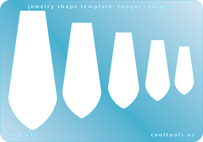 Blue plastic Jewelry Shape Template - Tongues Large 1 Our special surface makes it easy to find these templates on your workbench, but allows clarity for positioning. Includes 5 tongue shapes. Sizes are from 31mm to 74.5mm.