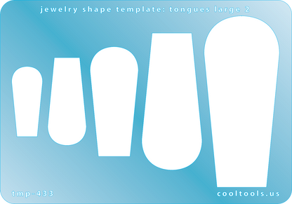 Blue plastic Jewelry Shape Template - Tongues Large 2 Our special surface makes it easy to find these templates on your workbench, but allows clarity for positioning. Includes 5 tongue shapes. Sizes are from 30.5mm to 74.5mm.