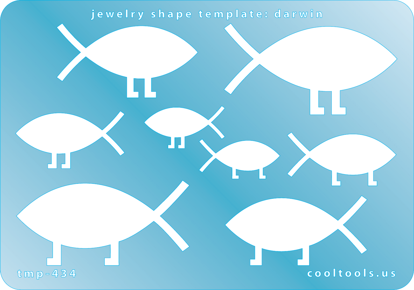 Blue plastic Jewelry Shape Template - Darwin Our special surface makes it easy to find these templates on your workbench, but allows clarity for positioning. Includes 8 fish shapes, 2 styles. Sizes are from 25mm to 53.5mm. 