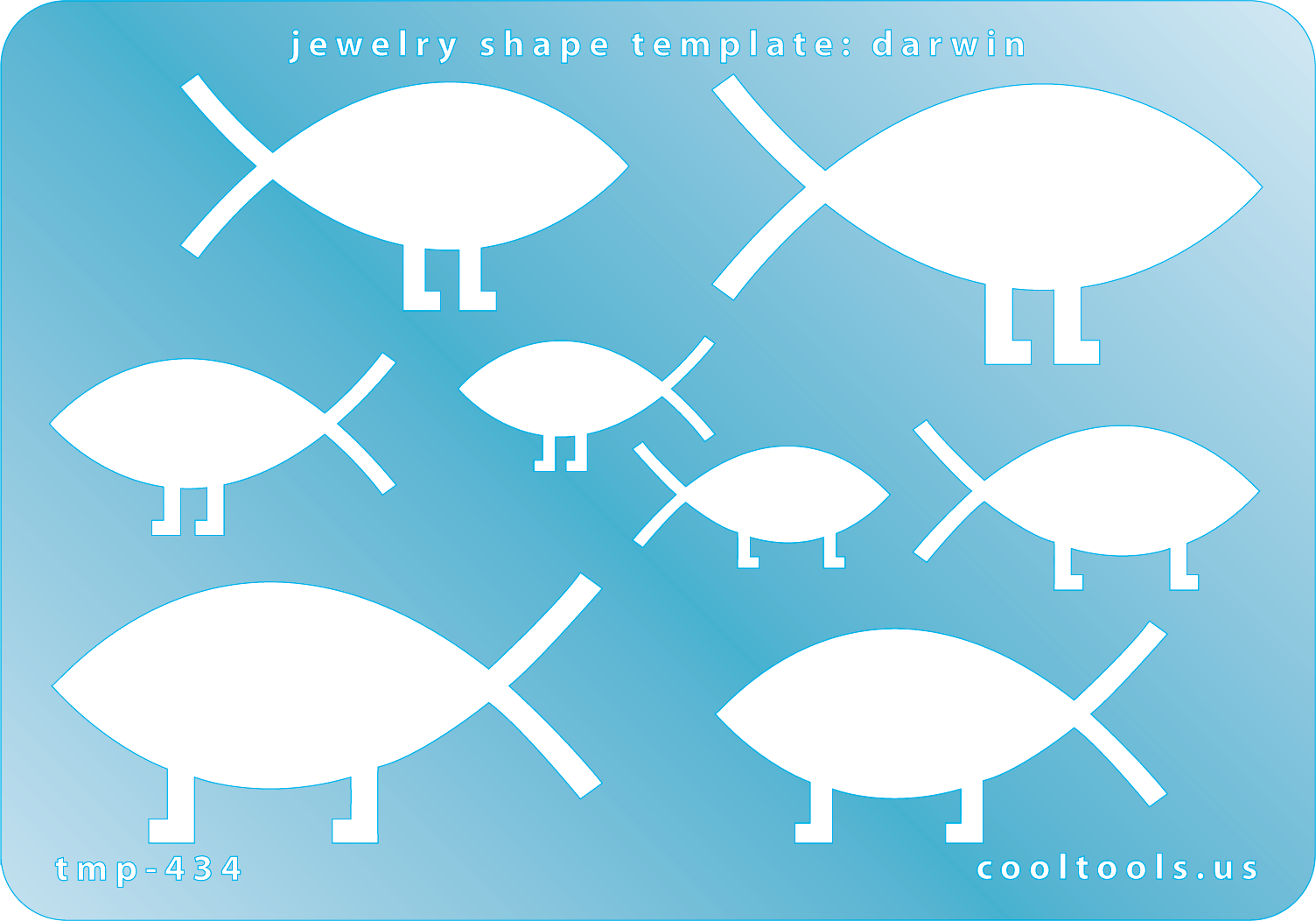 Blue plastic Jewelry Shape Template - Darwin Our special surface makes it easy to find these templates on your workbench, but allows clarity for positioning. Includes 8 fish shapes, 2 styles. Sizes are from 25mm to 53.5mm. 