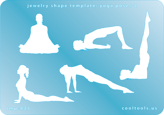 Blue plastic Jewelry Shape Template - Yoga Poses 2 Our special surface makes it easy to find these templates on your workbench, but allows clarity for positioning. Includes 5 different yoga pose shapes. Sizes are from 32.5mm to 60mm.